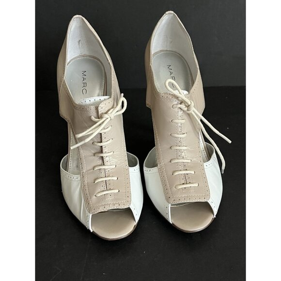 Marc Fisher Leather Pep Toe 4" Heels Lace Up Shoes Open Sides Tan White Sz 7.5 - Picture 1 of 9